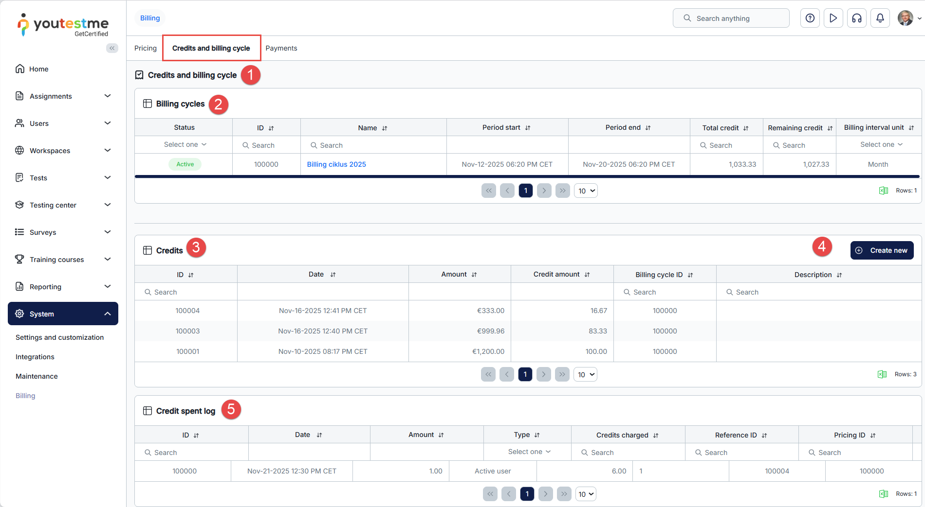 Credits and billing cycle tab