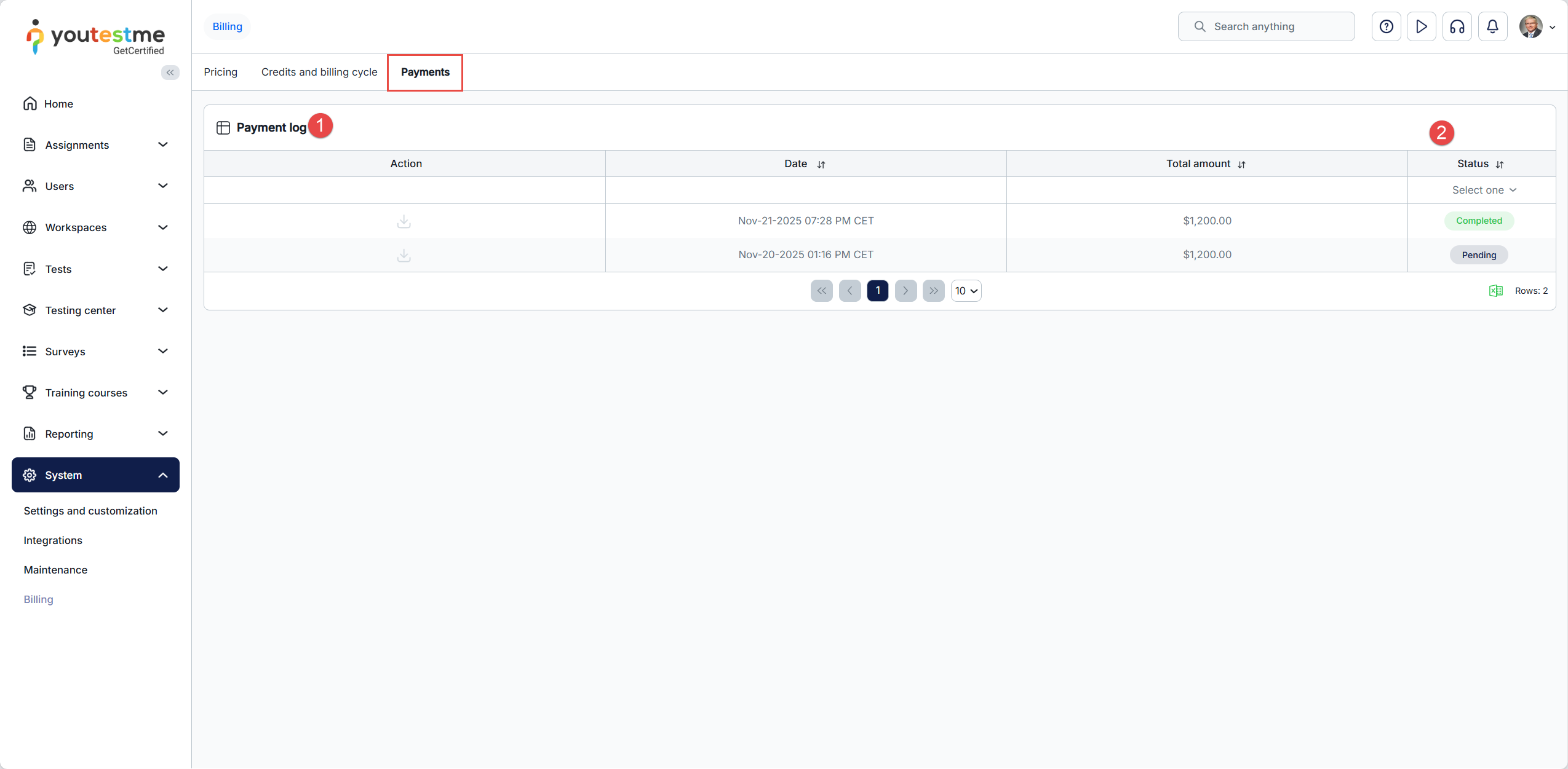 Payments tab – payment log