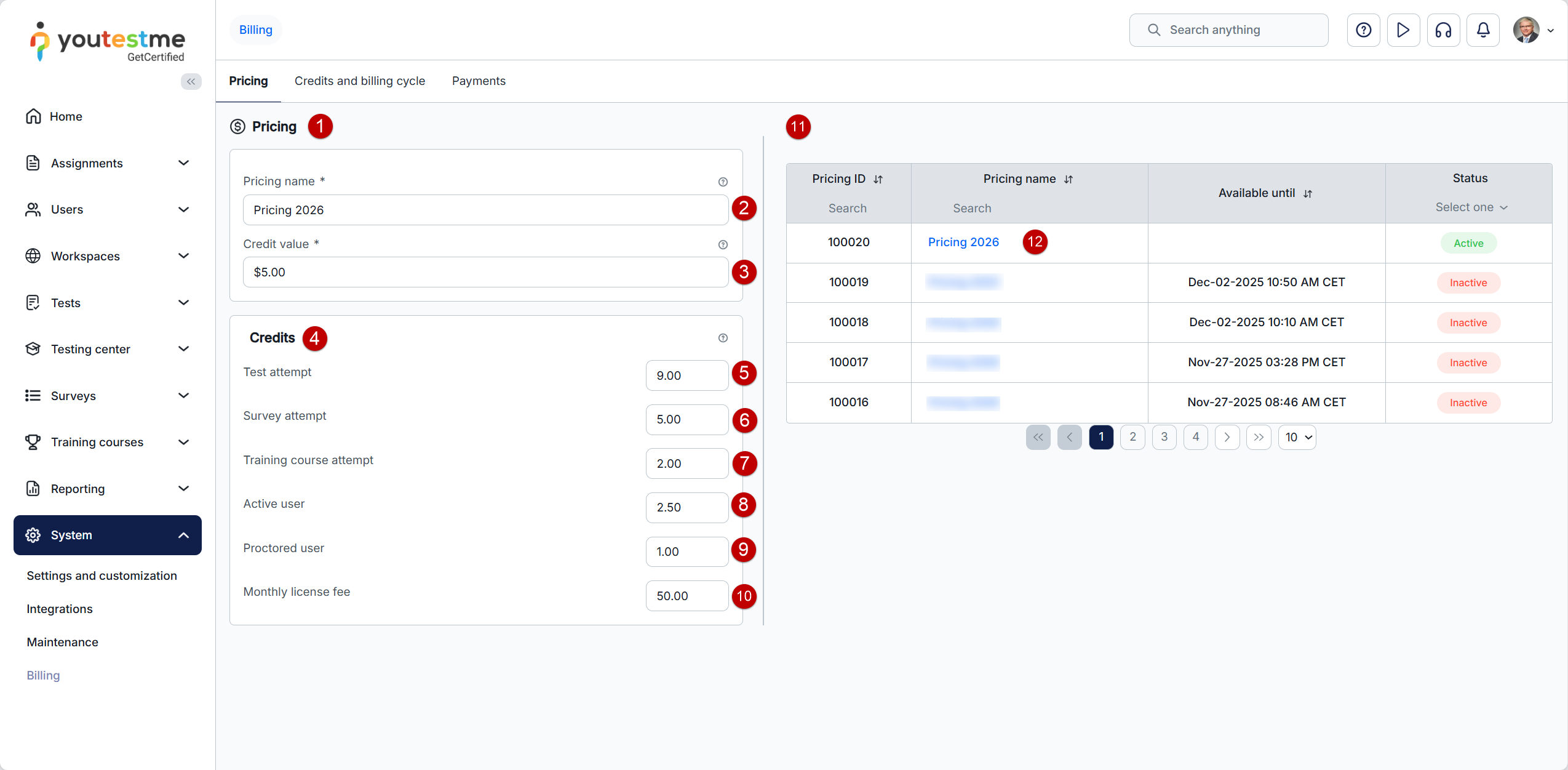 Pricing tab