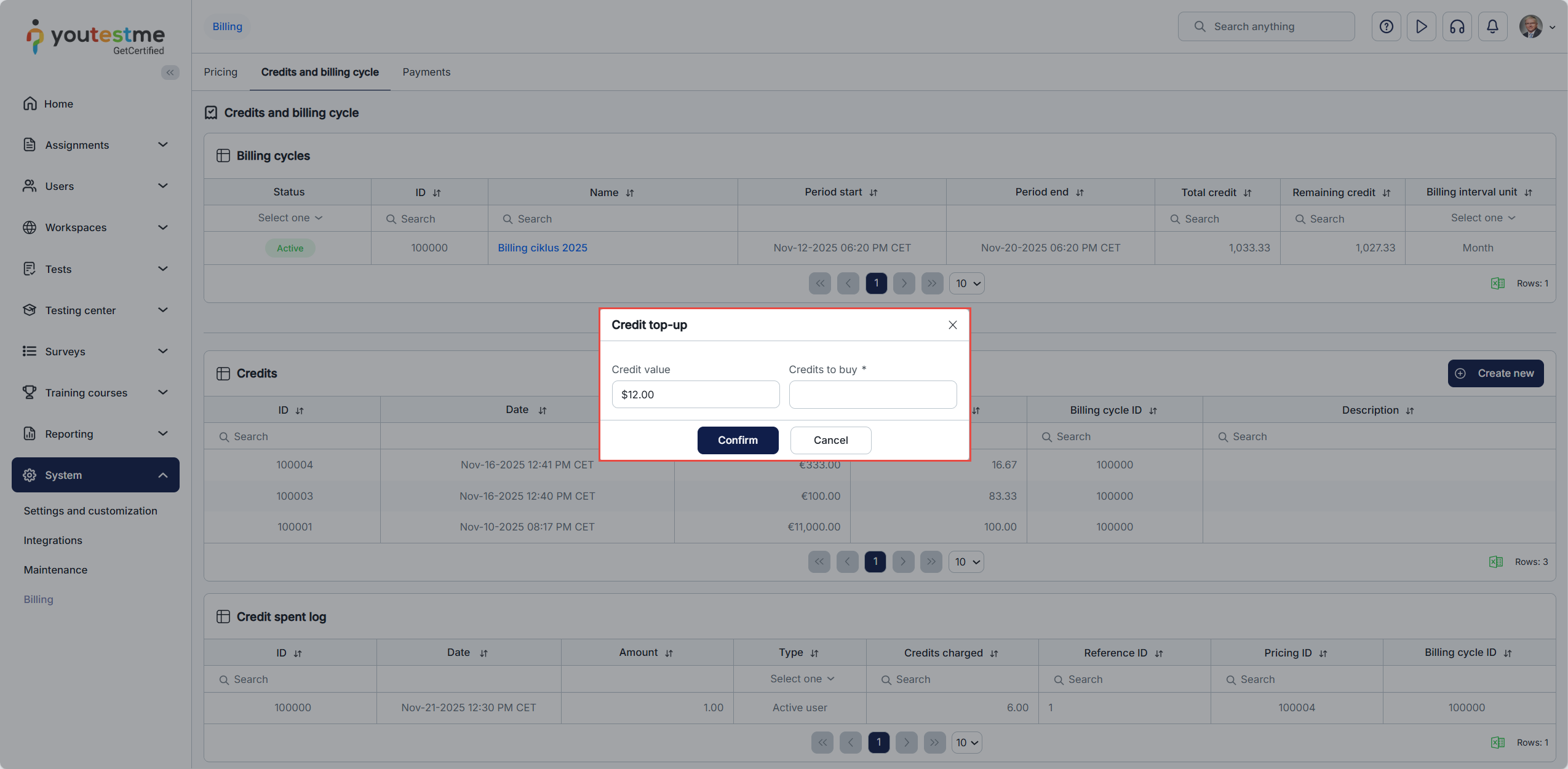 Credit top-up dialog