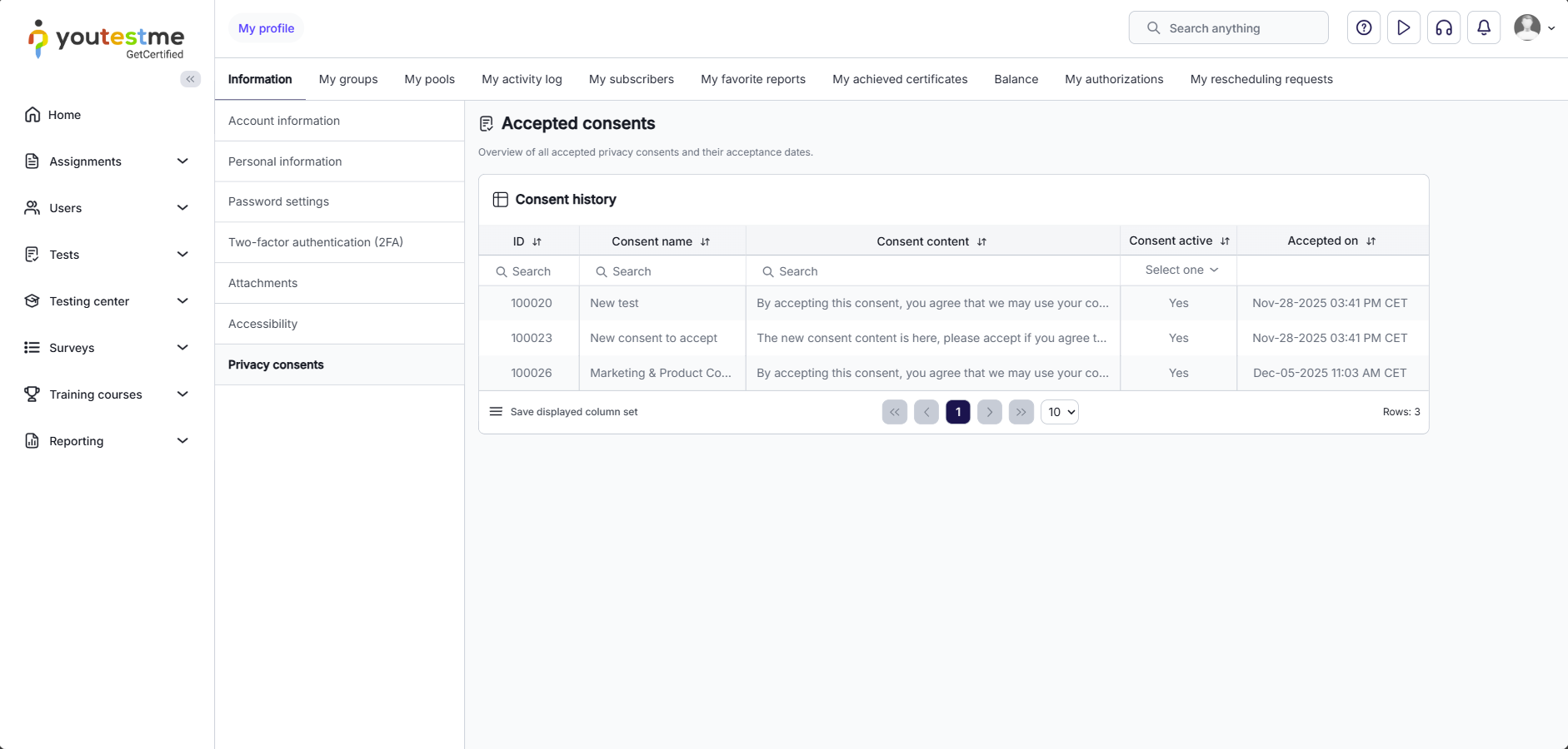 Privacy consents page on user profile