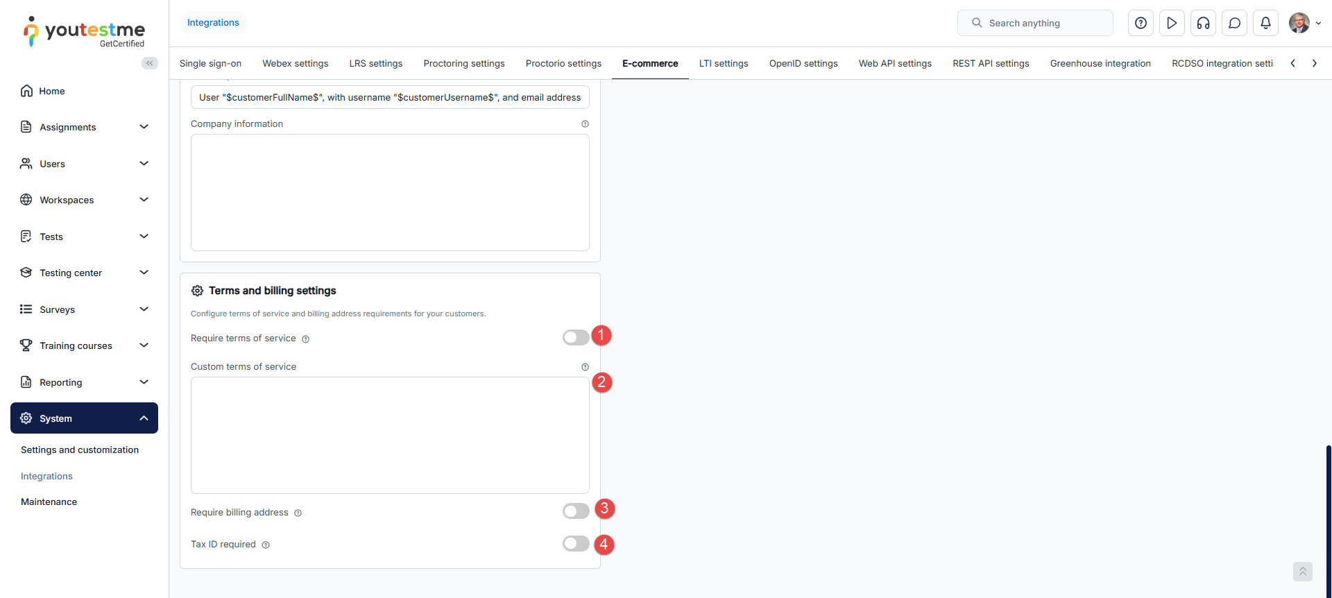 Billing Terms Screenshot
