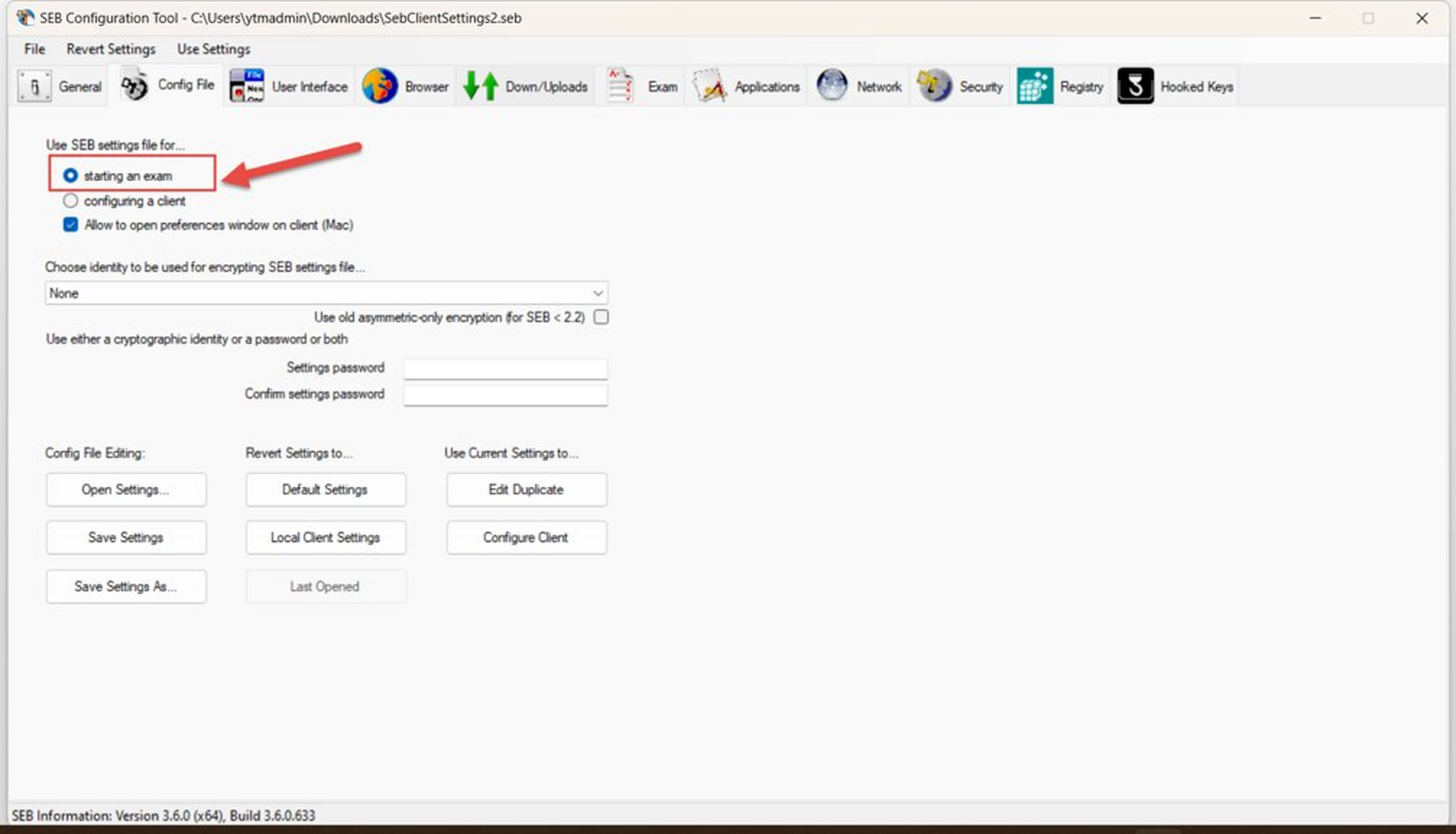SEB configuration file settings for Moodle