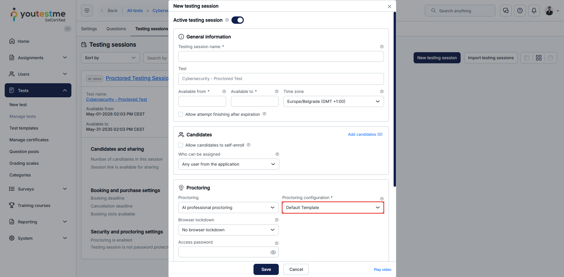 Proctoring configuration in testing session