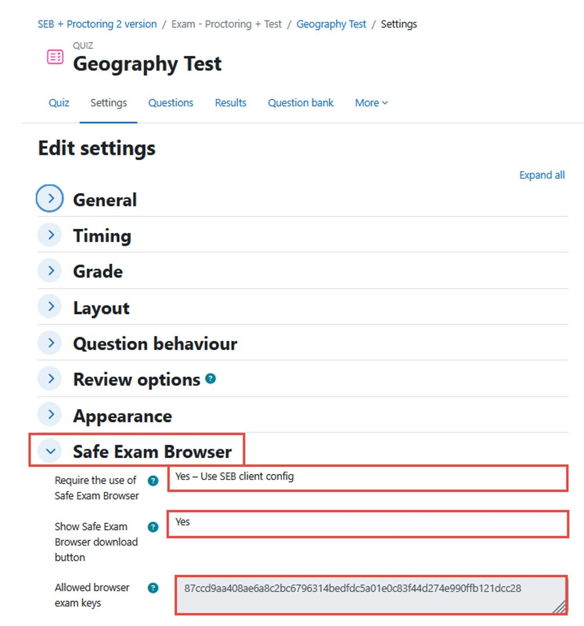 Configuring SEB in Quiz settings in Moodle