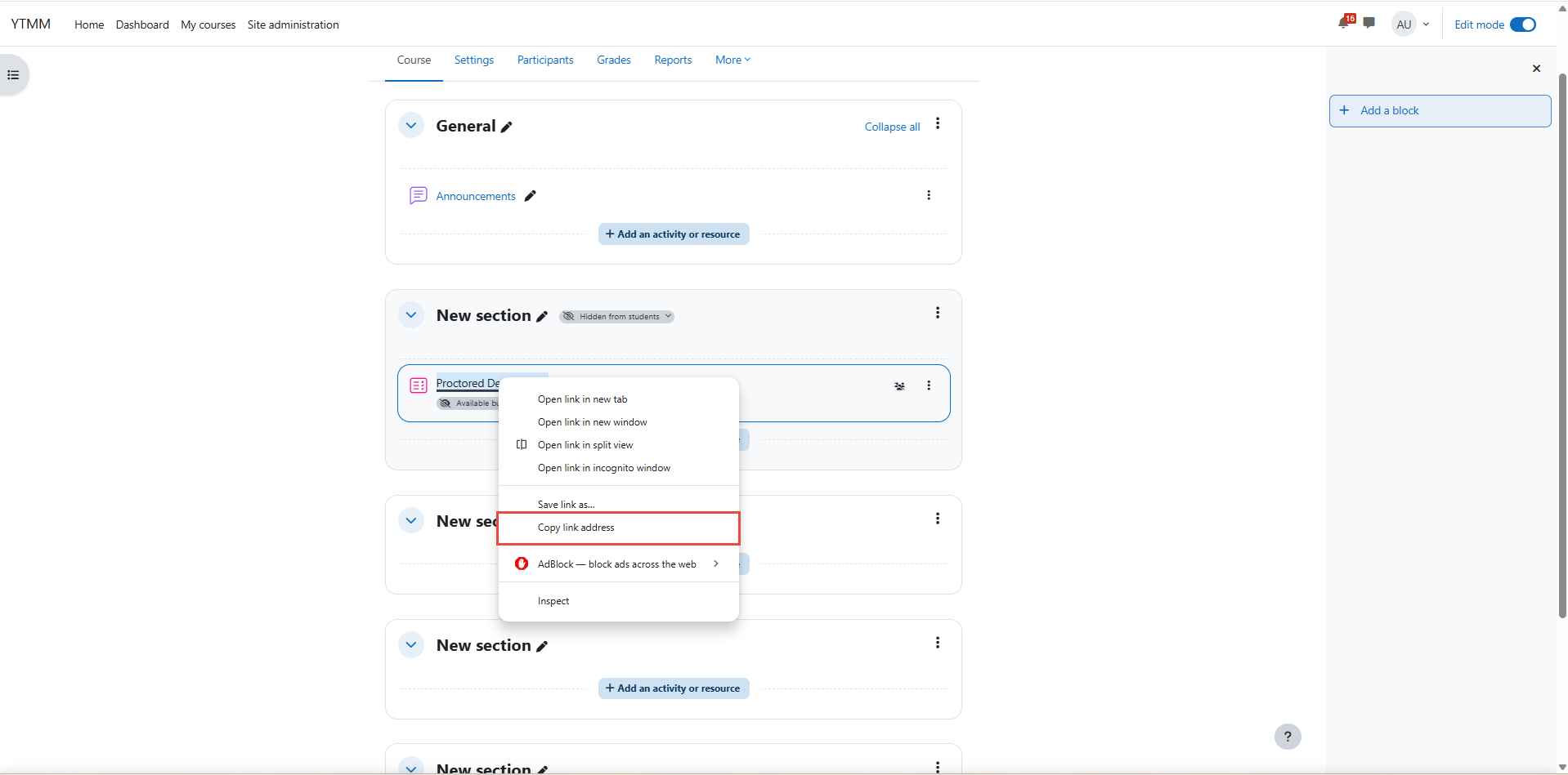 Copying quiz link in Moodle