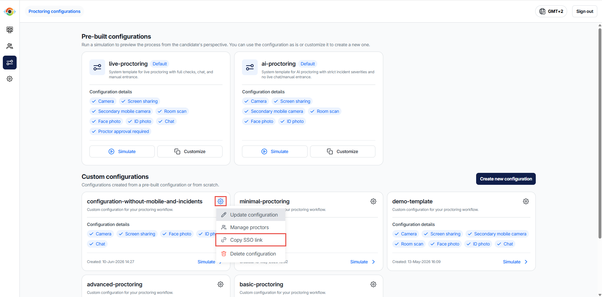 Copying SSO exam URL in admin panel