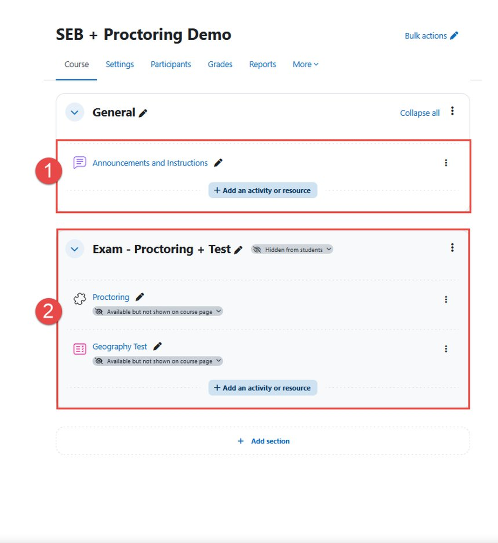 Course organization in Moodle