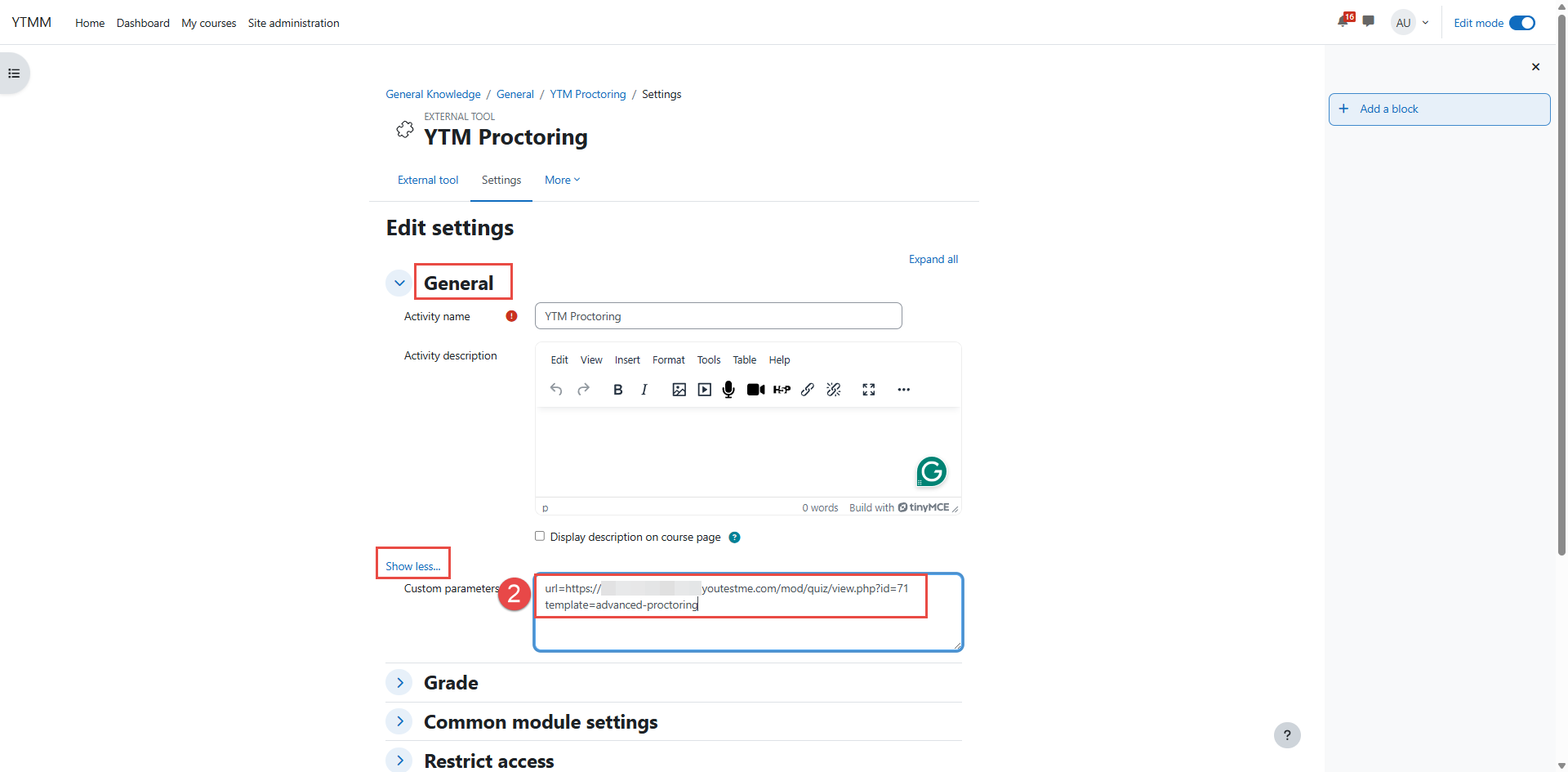 Adding custom parameters to external activity tool in Moodle