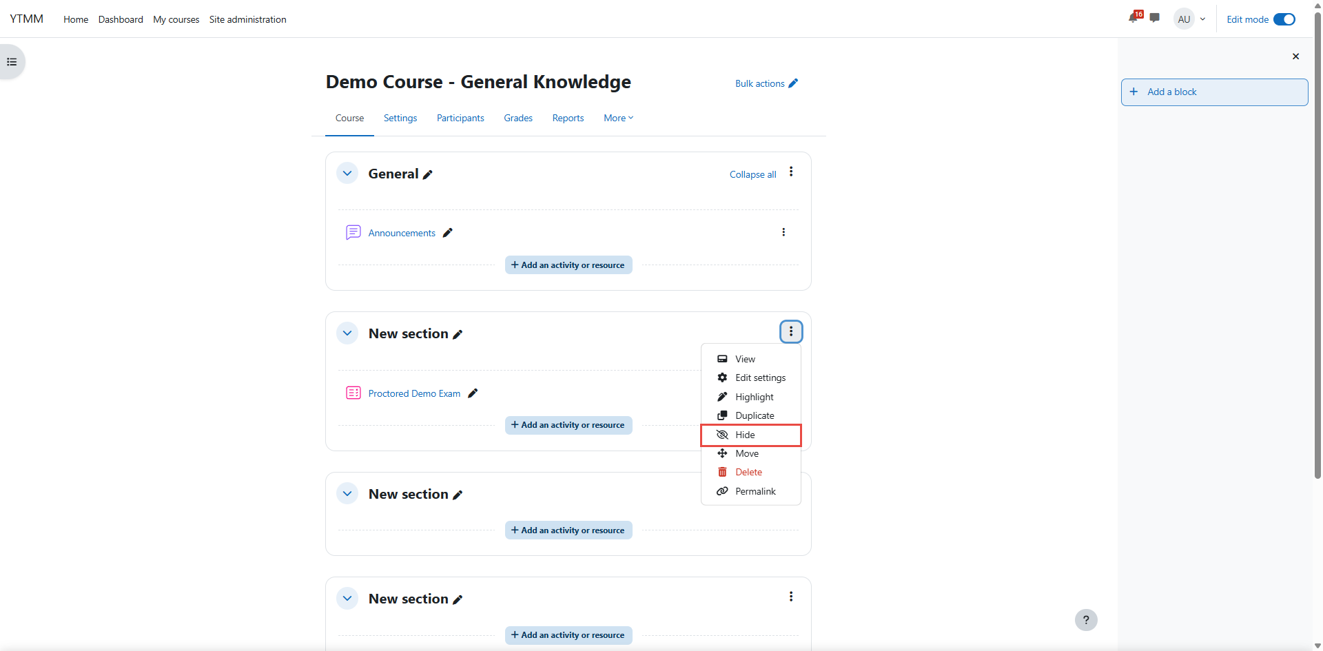 Hiding a quiz in Moodle