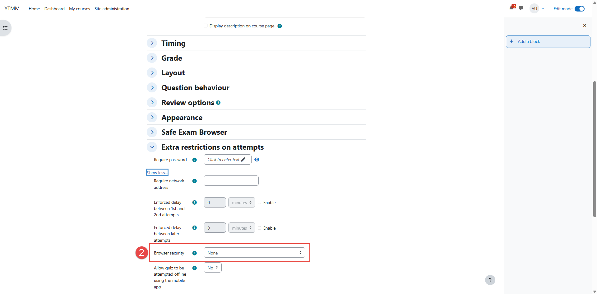 Quiz browser security settings in Moodle