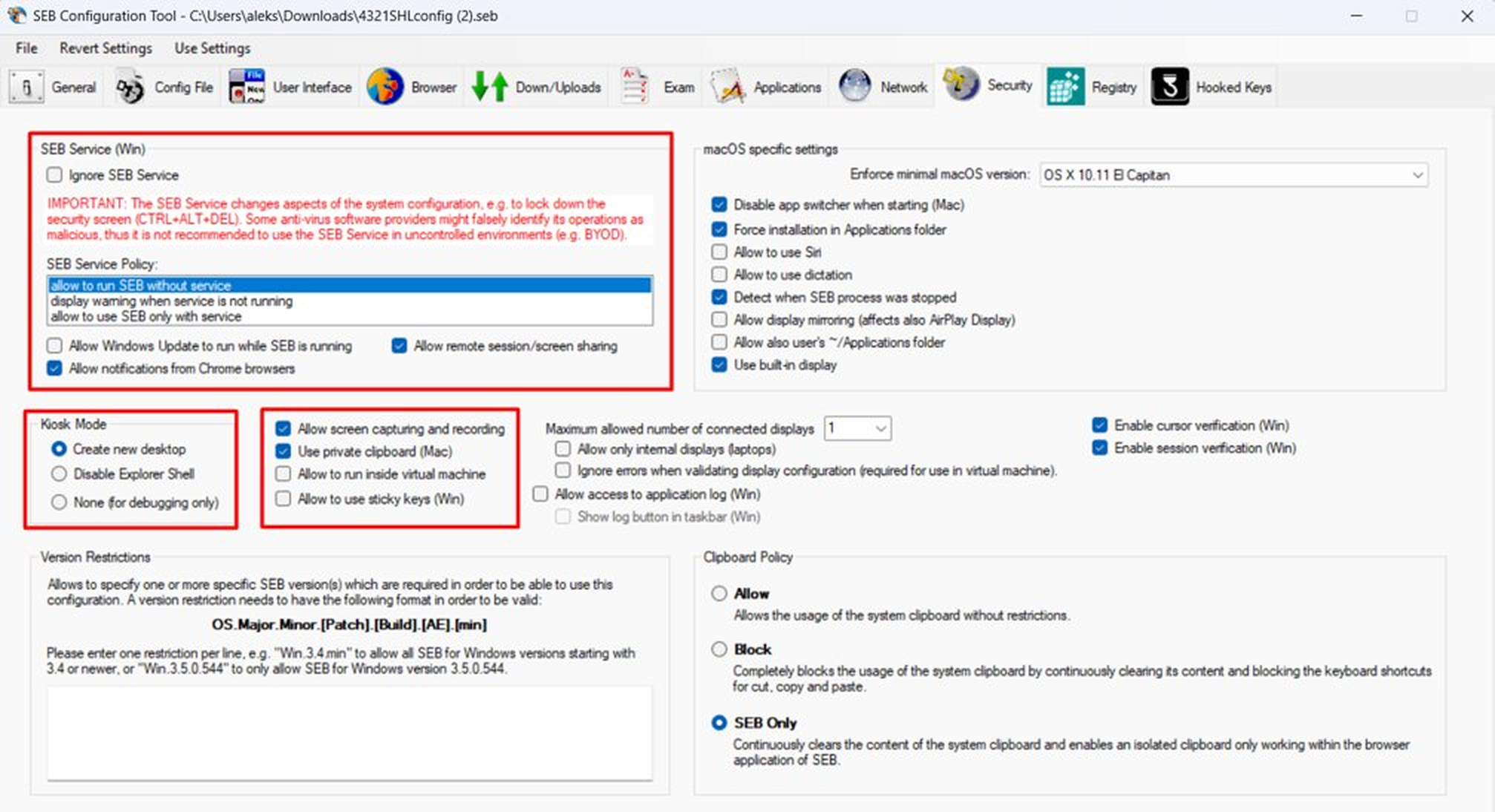 SEB security settings for Moodle