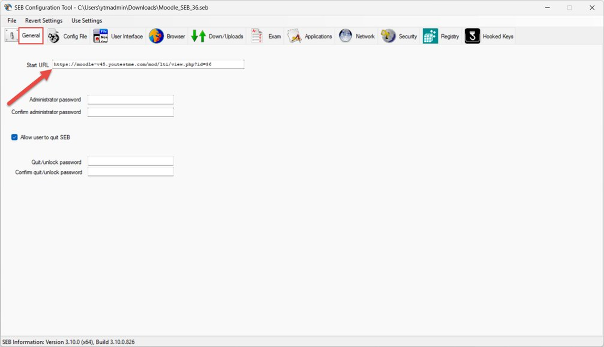 Setting the Start URL in SEB