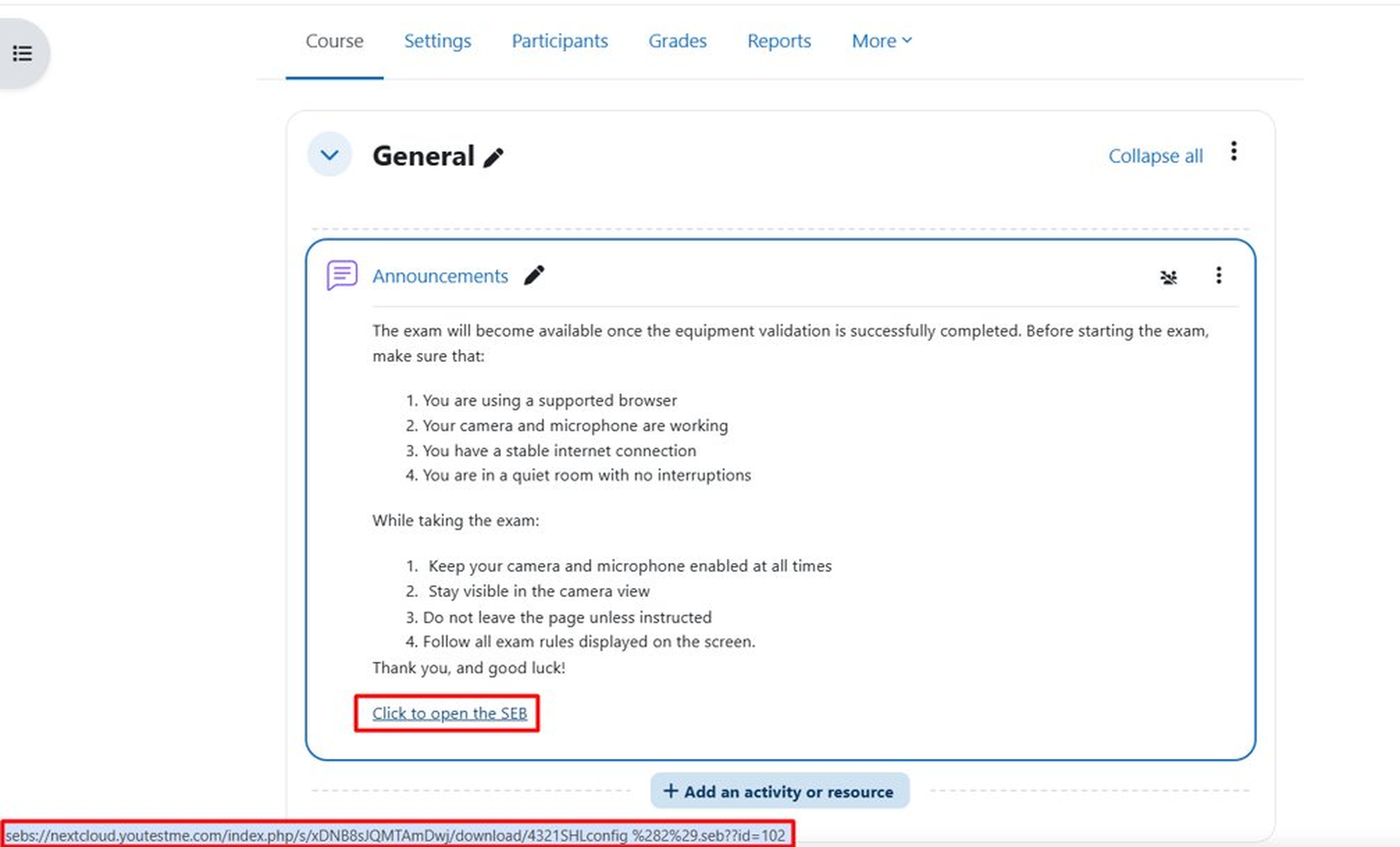 Uploading SEB configuration file to storage