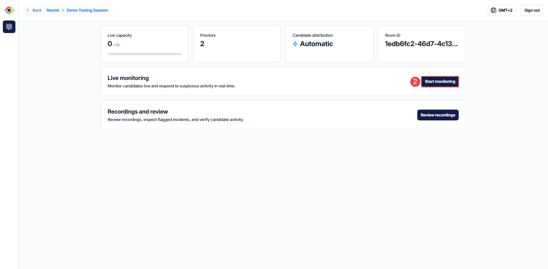 See room options in proctoring interface