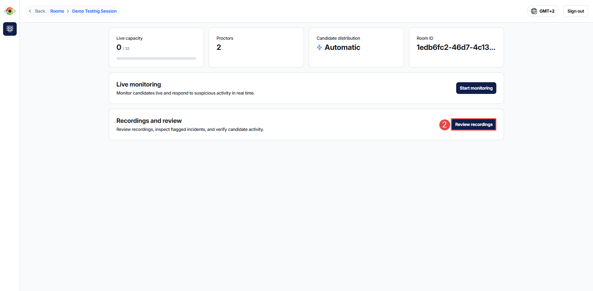 See room options in proctoring interface
