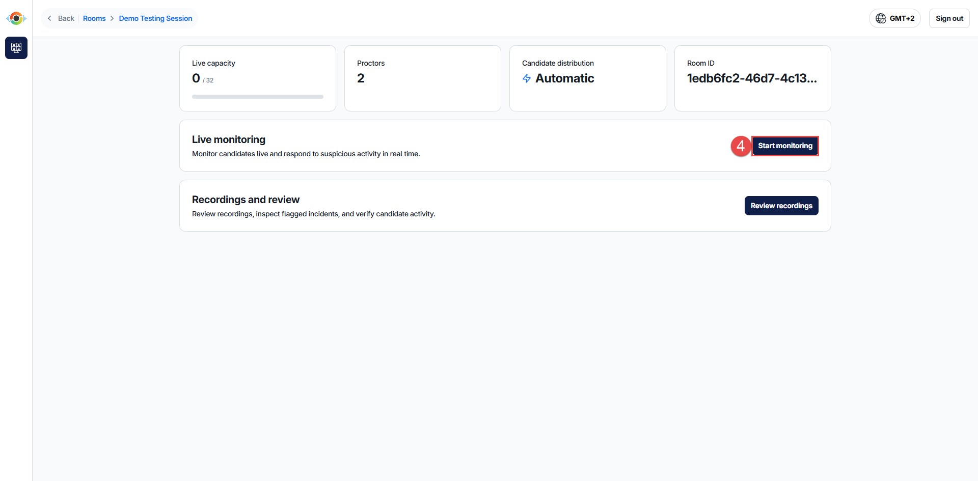 See room options in proctoring interface
