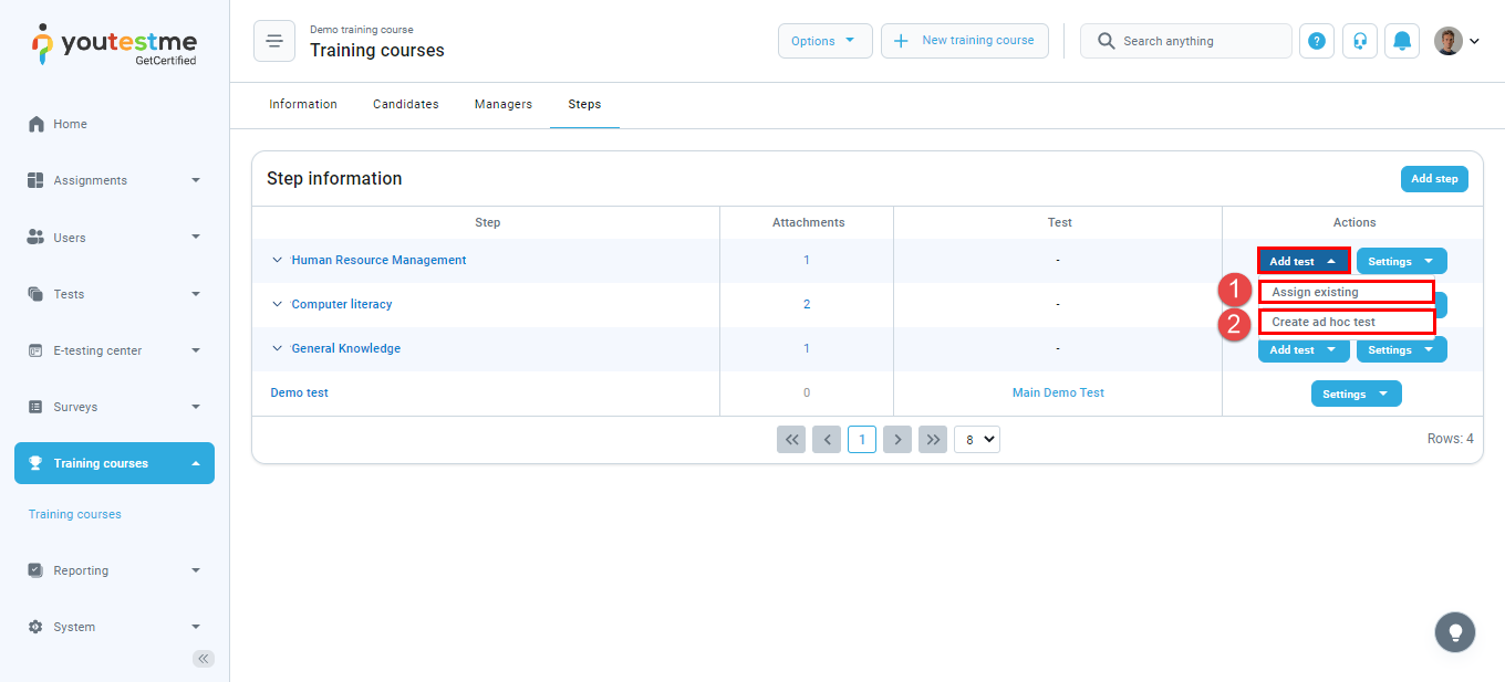 Edit a training course - Add a test to the new step