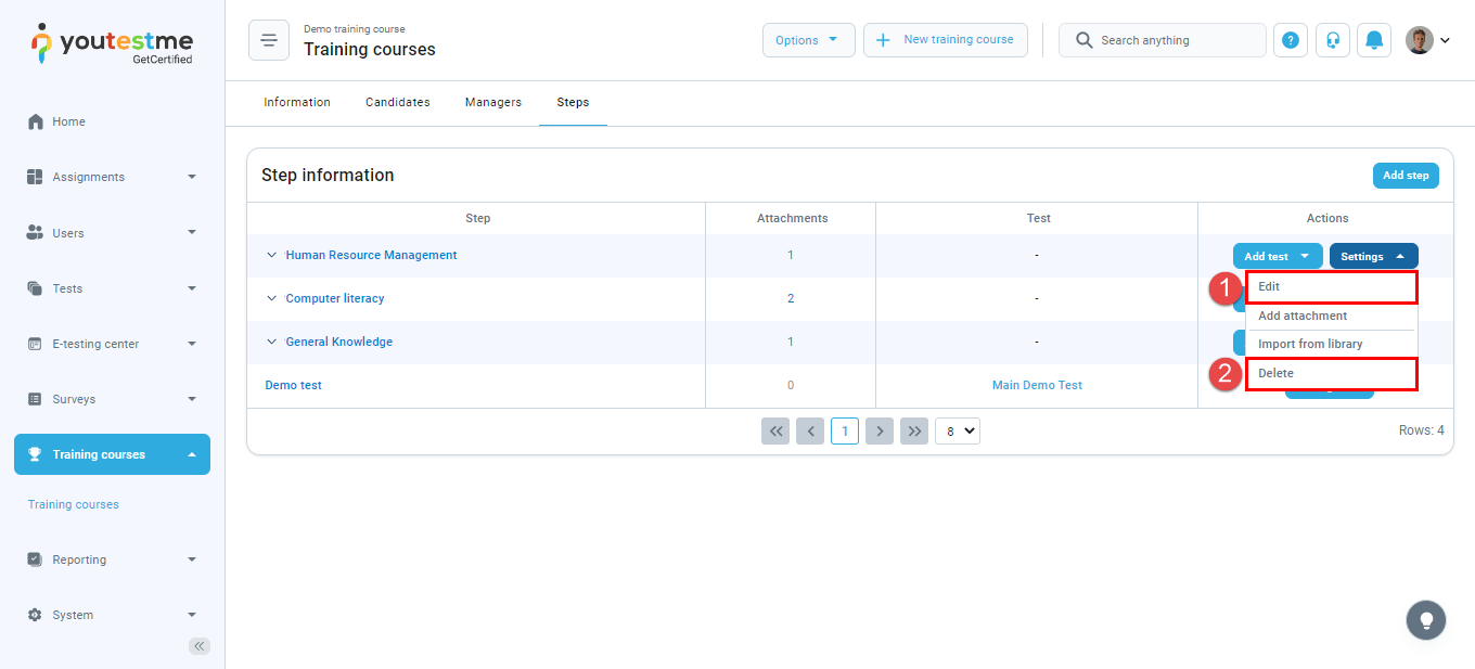 Edit a training course - Edit a step