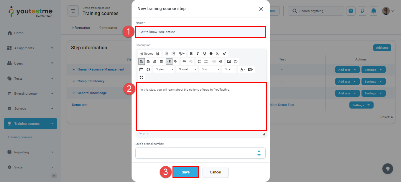 Edit a training course - Add a step
