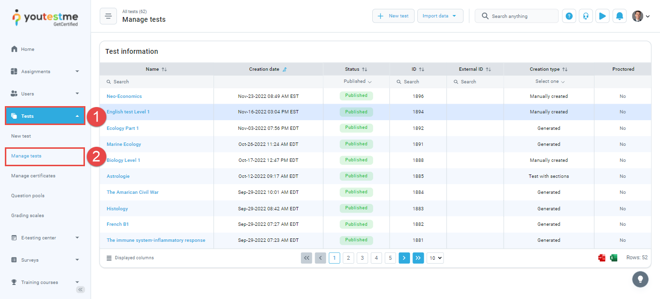 Report-Tests-Manage tests