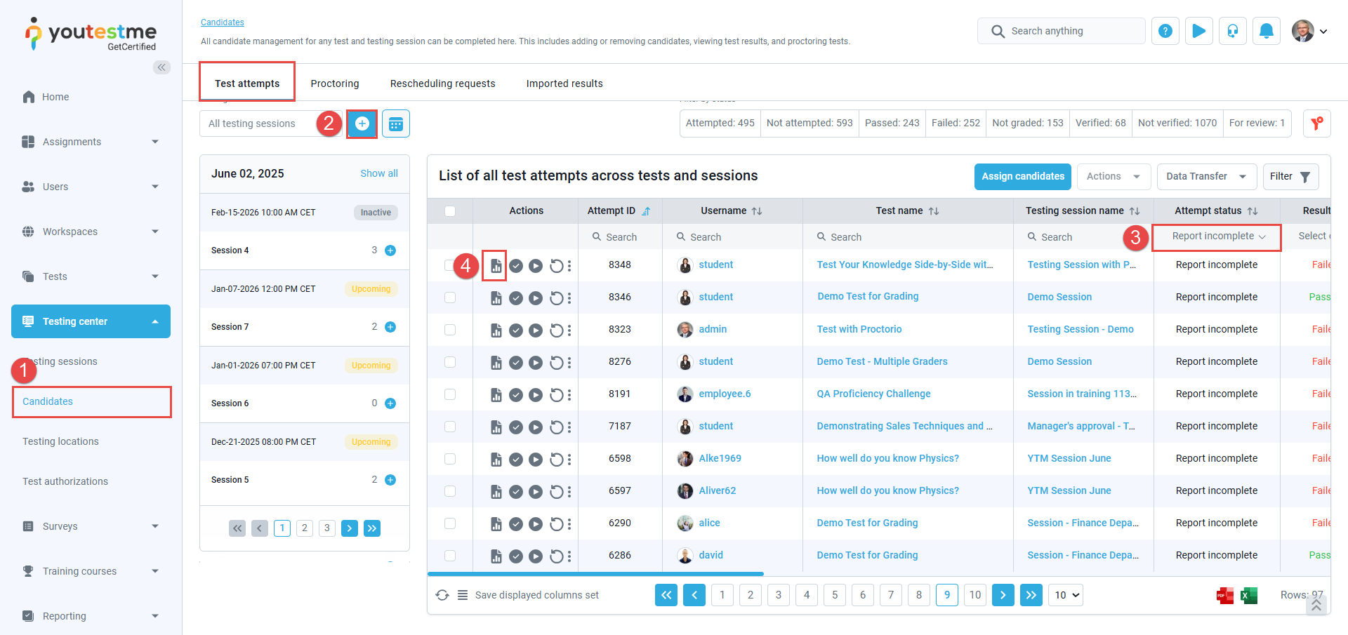 Accessing the personal report - Testing Center