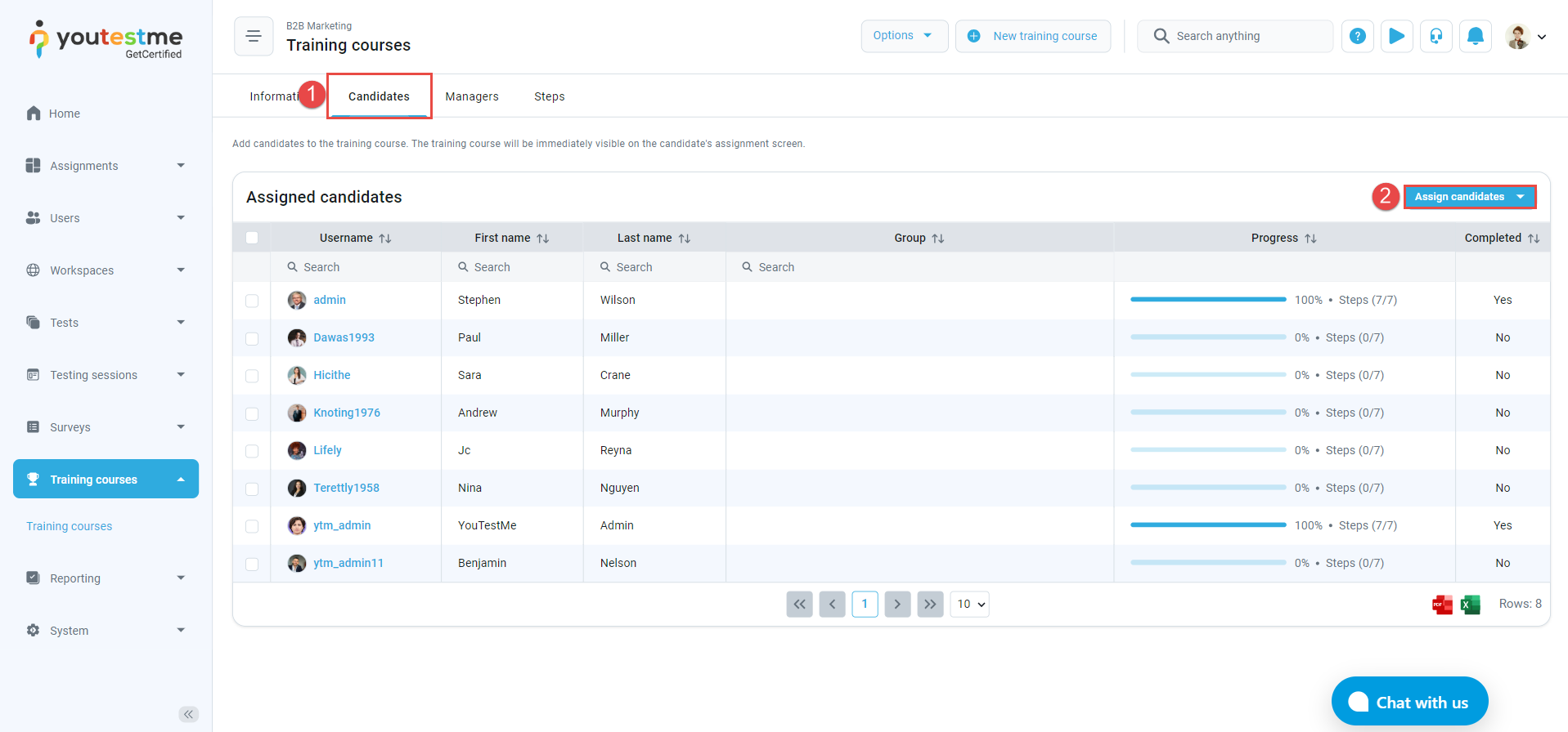 Assign Candidates to a Training Course - Candidates tab