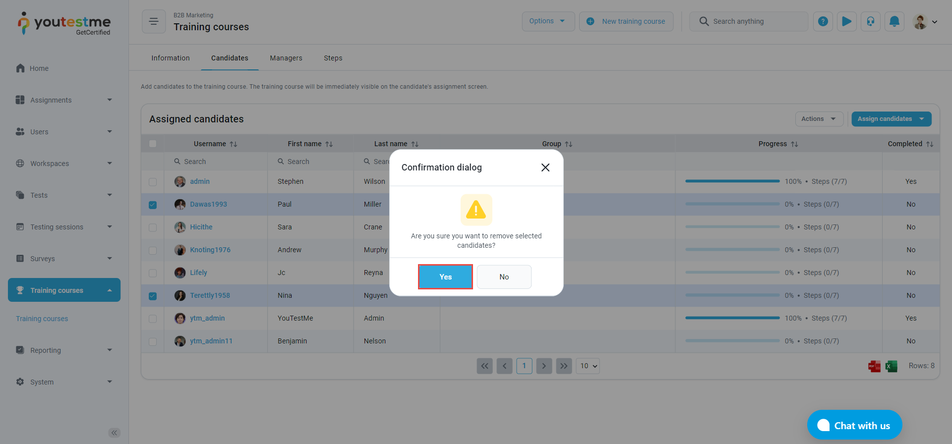 Assign Candidates to a Training Course - Confirmation message