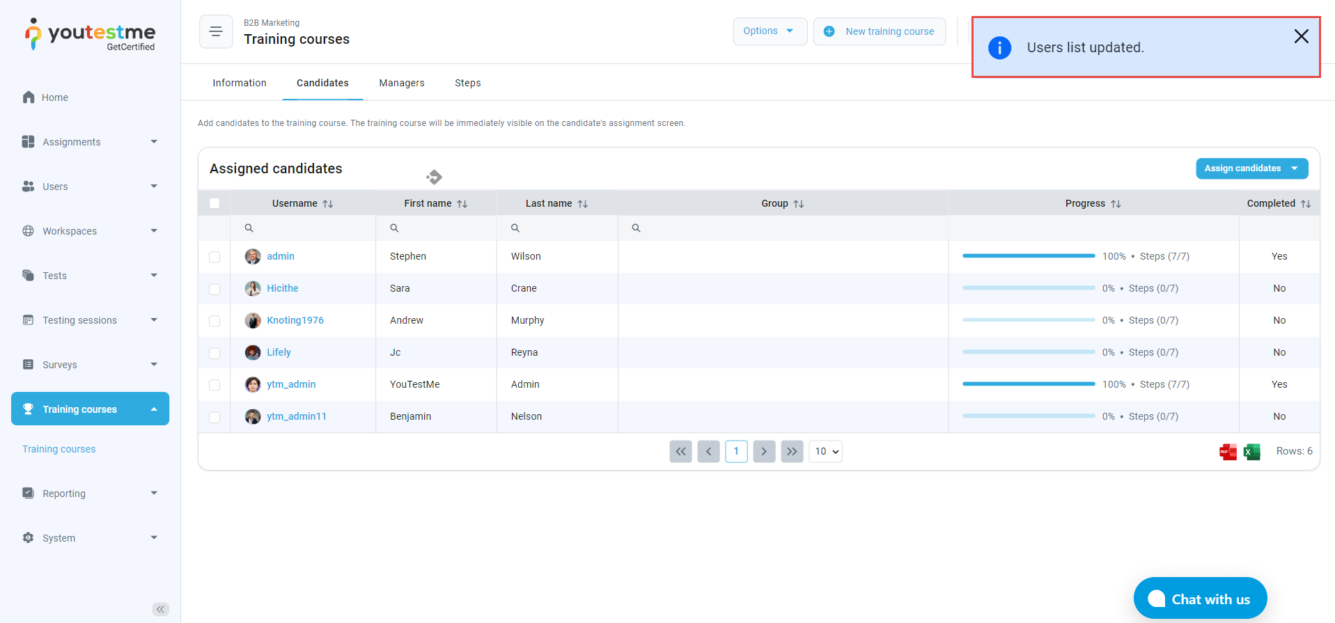 Assign Candidates to a Training Course - Confirmation notification