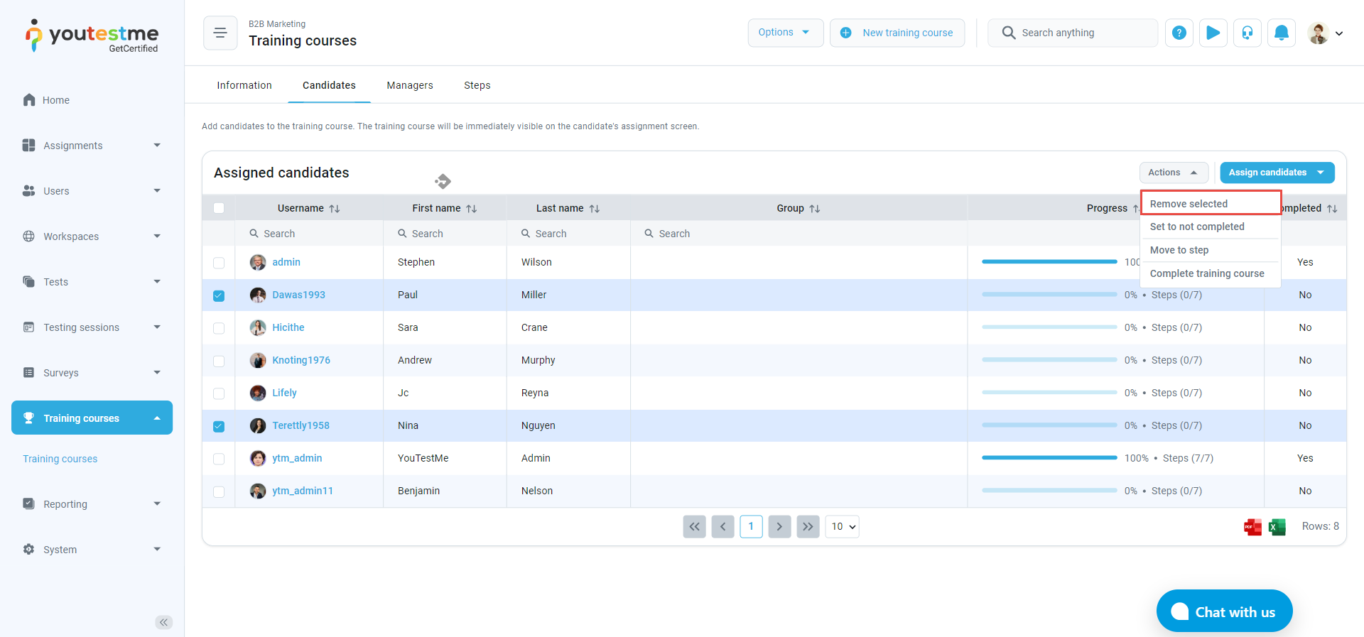 Assign Candidates to a Training Course - Remove Selected