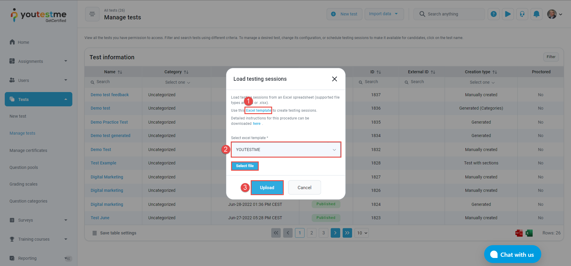 Upload testing sessions - Load testing sessions dialog