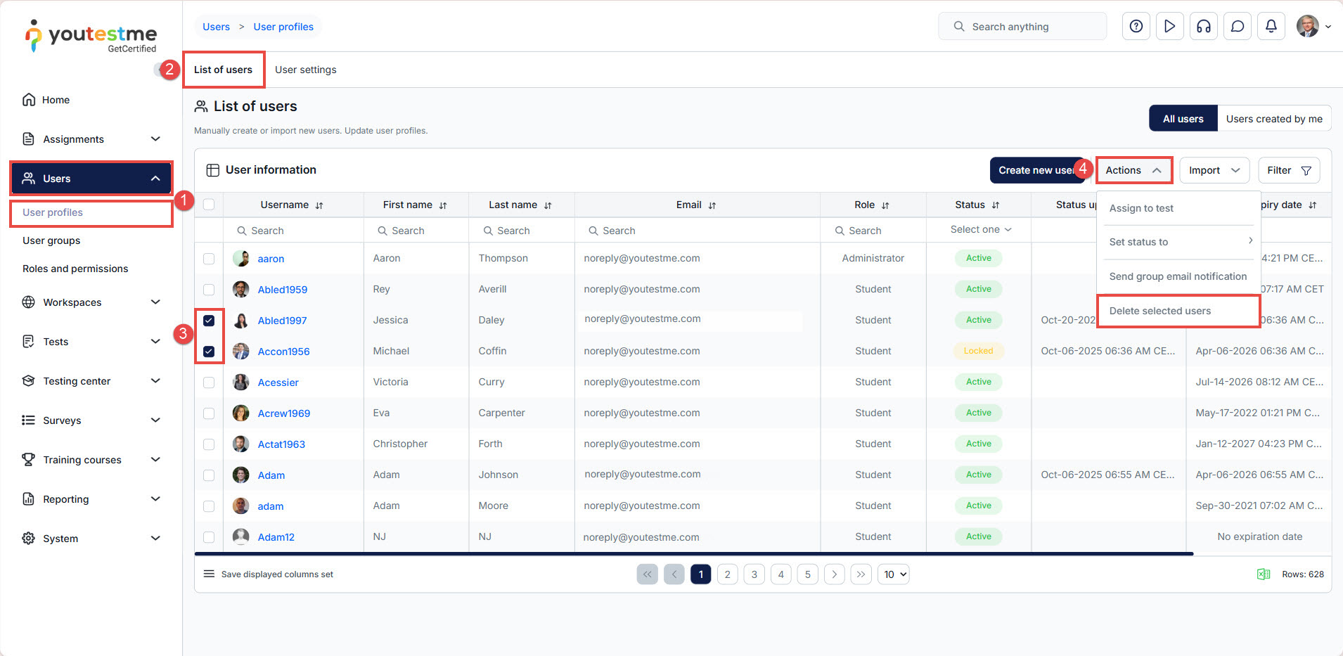 Delete selected users