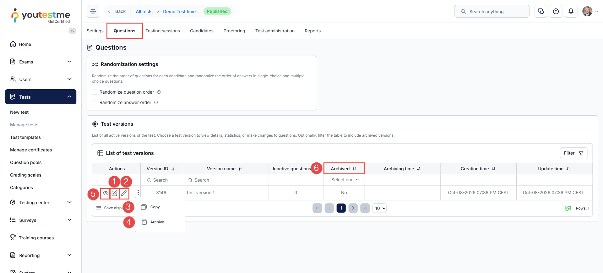 Manage test versions