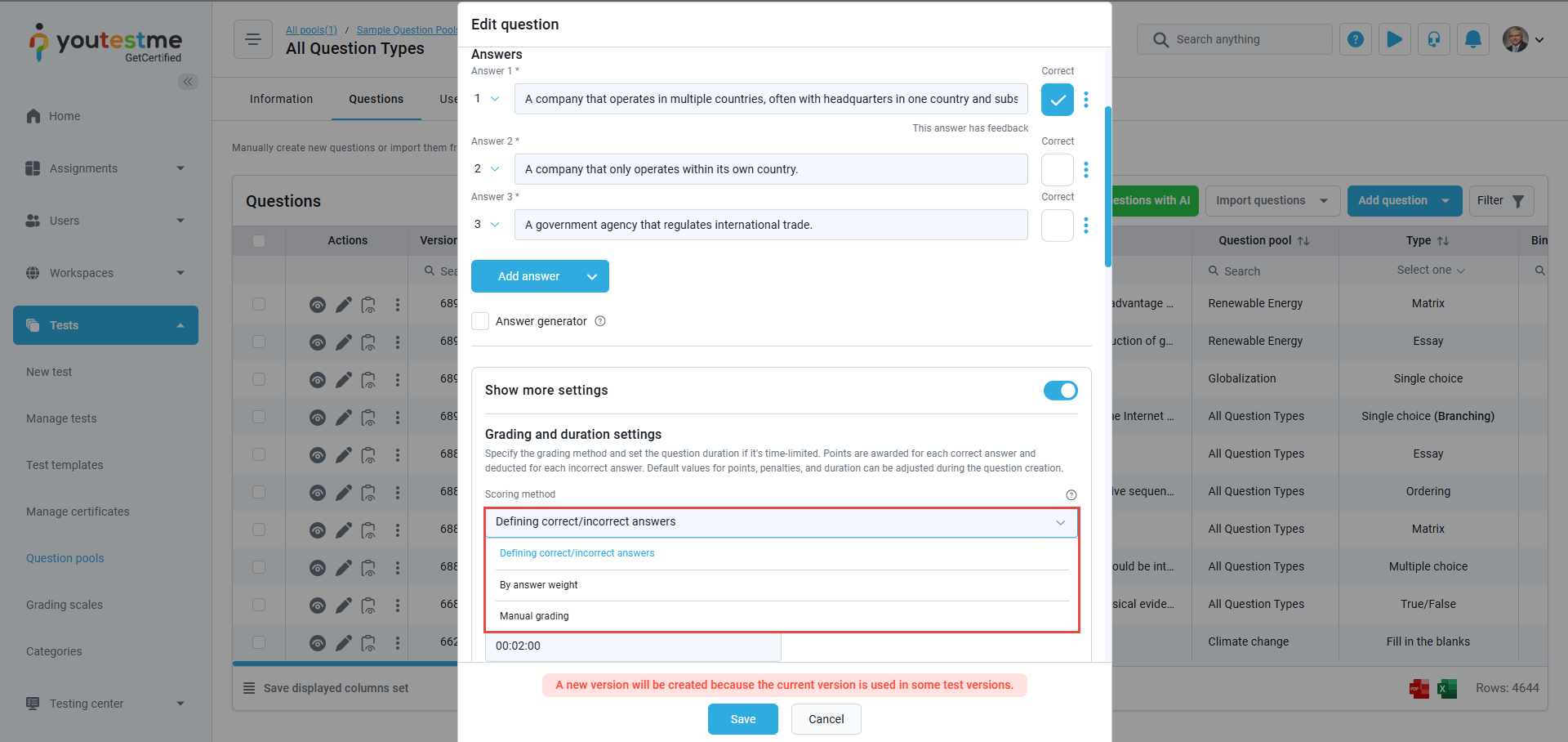 Manual grading Question scoring method