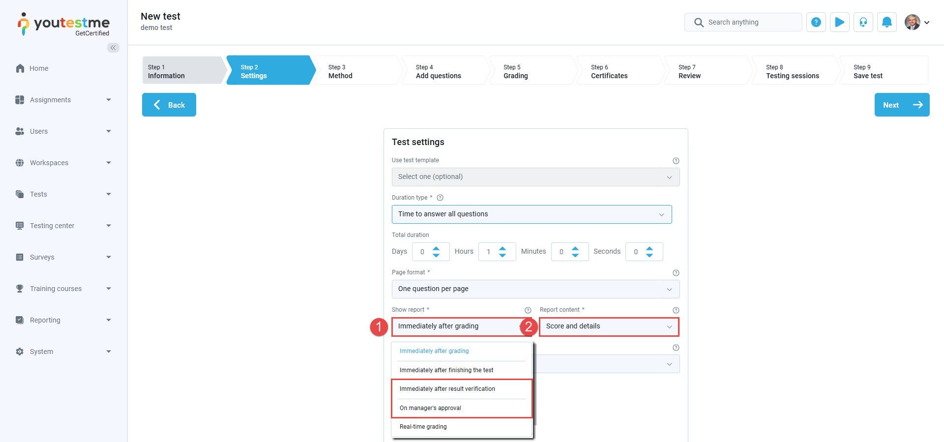Personal report settings test creation