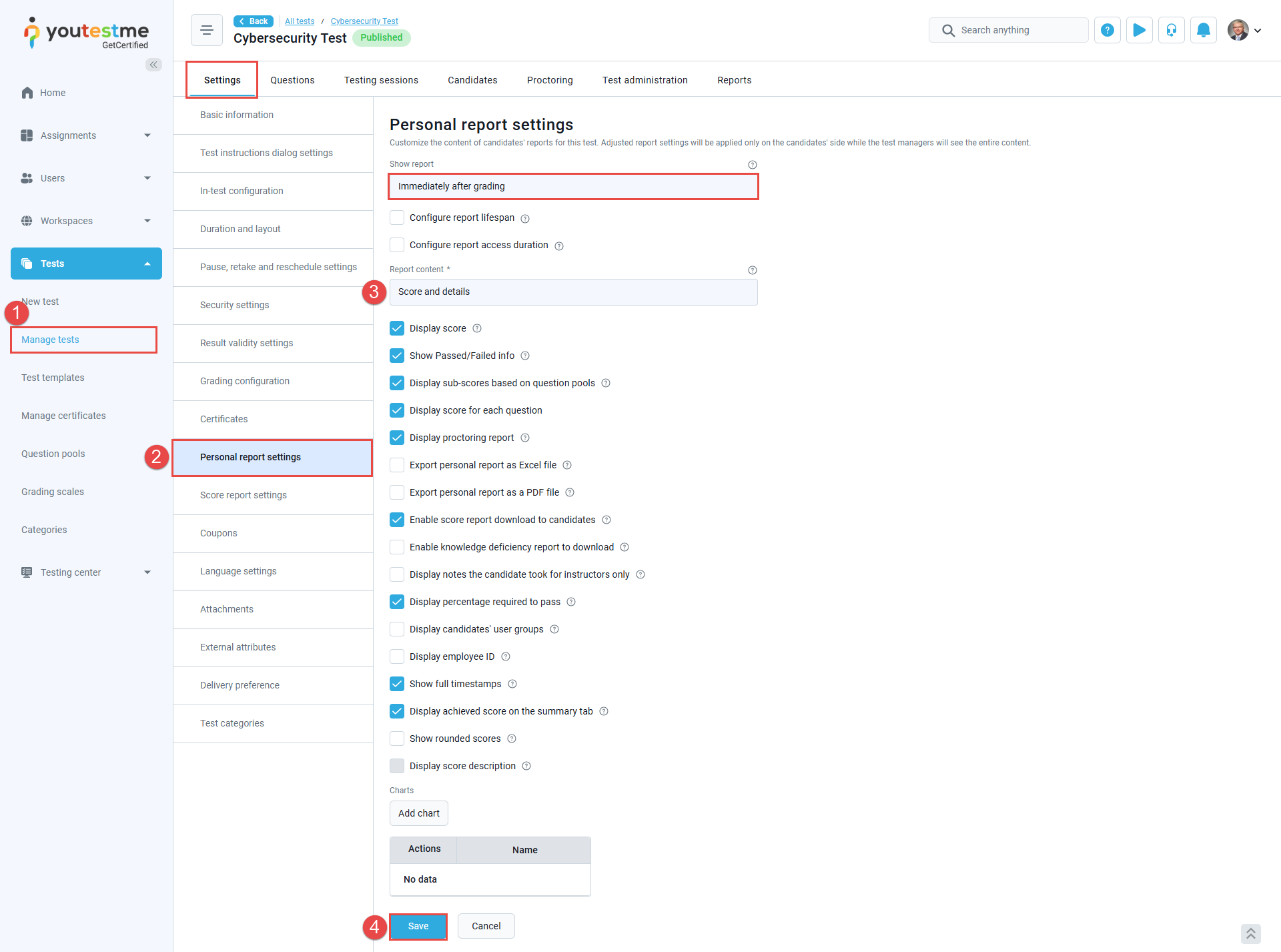 Personal report settings test settings