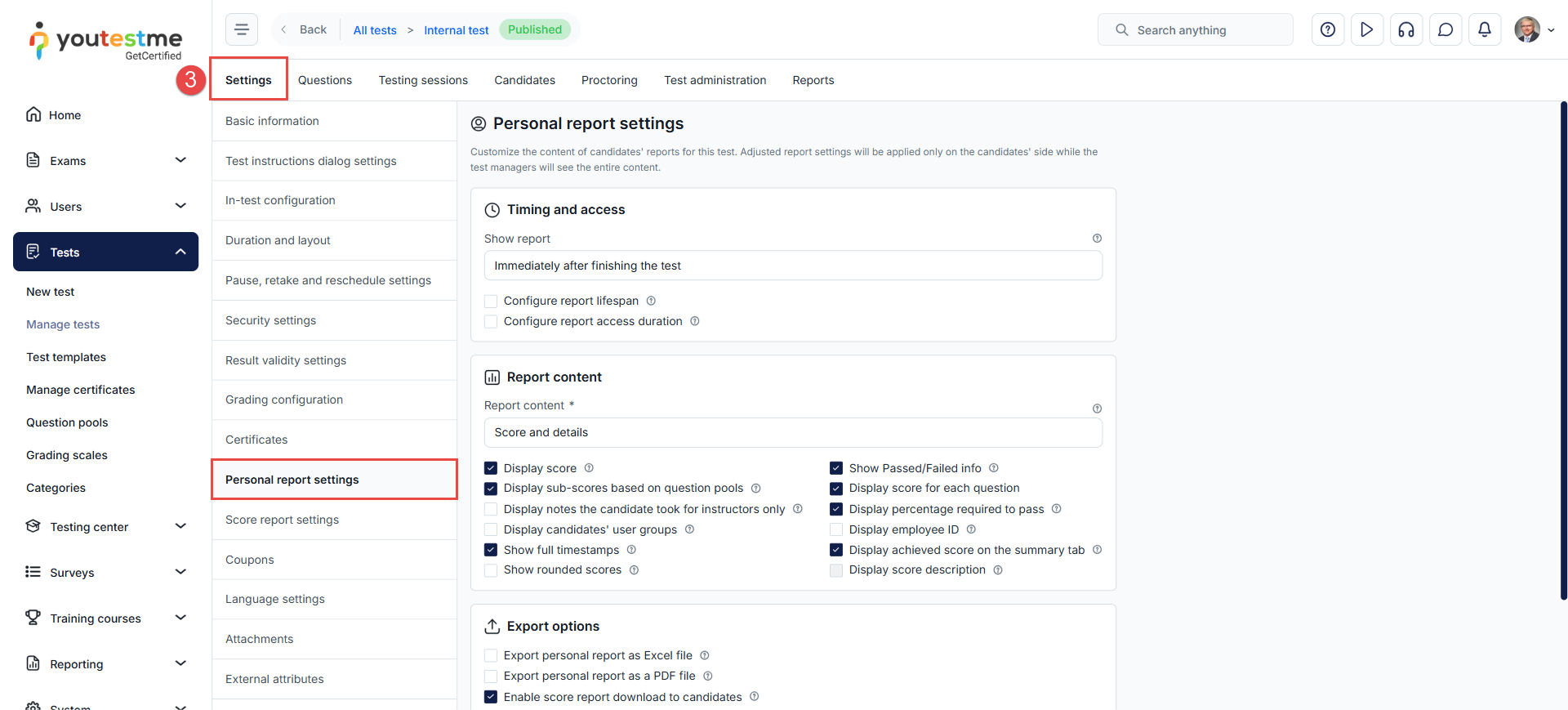 Personal report settings