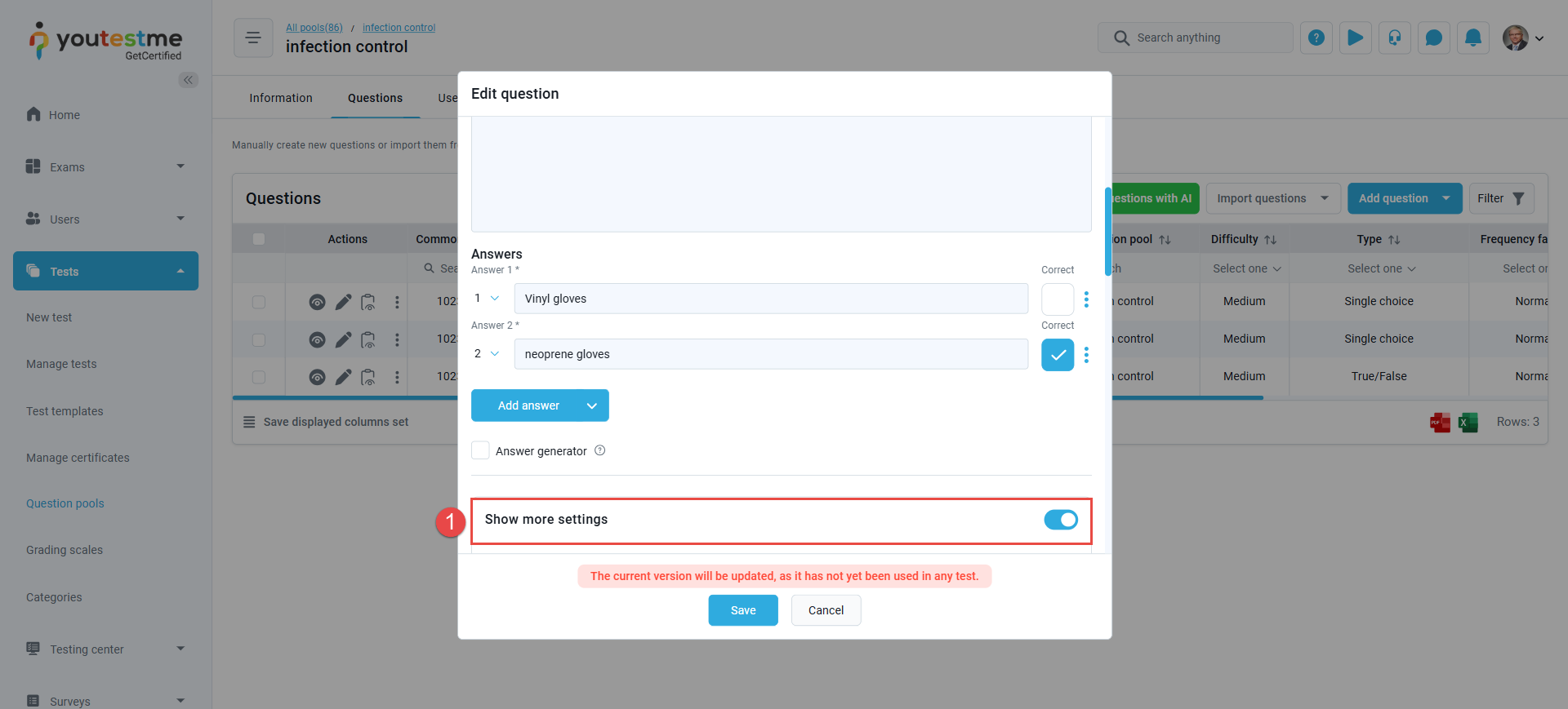 Question's advanced settings