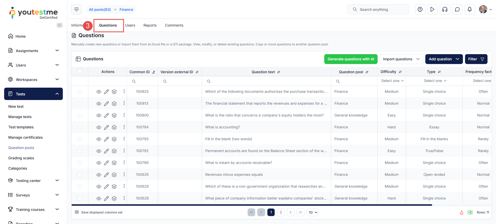 Questions tab