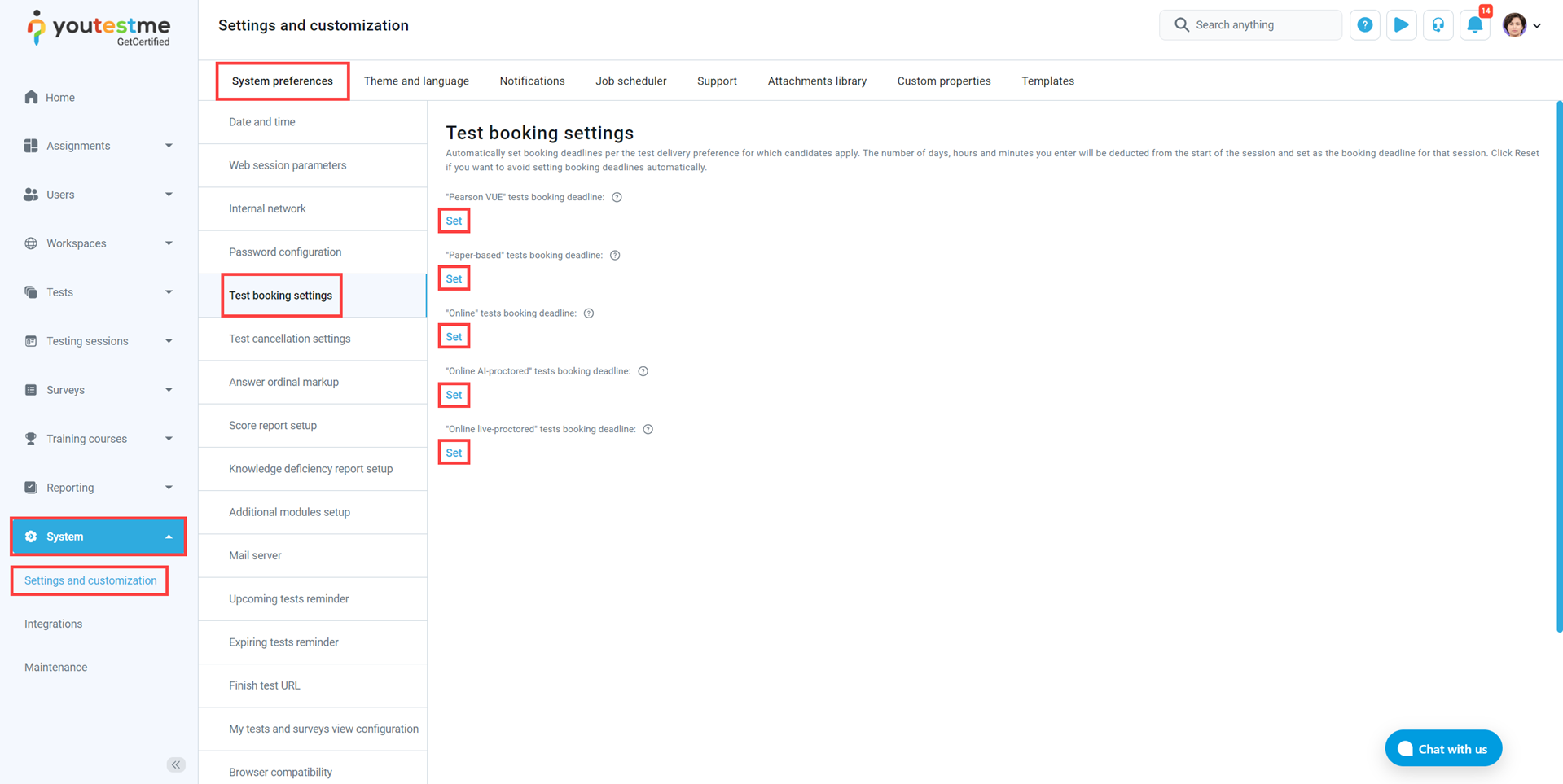 Test Booking Settings