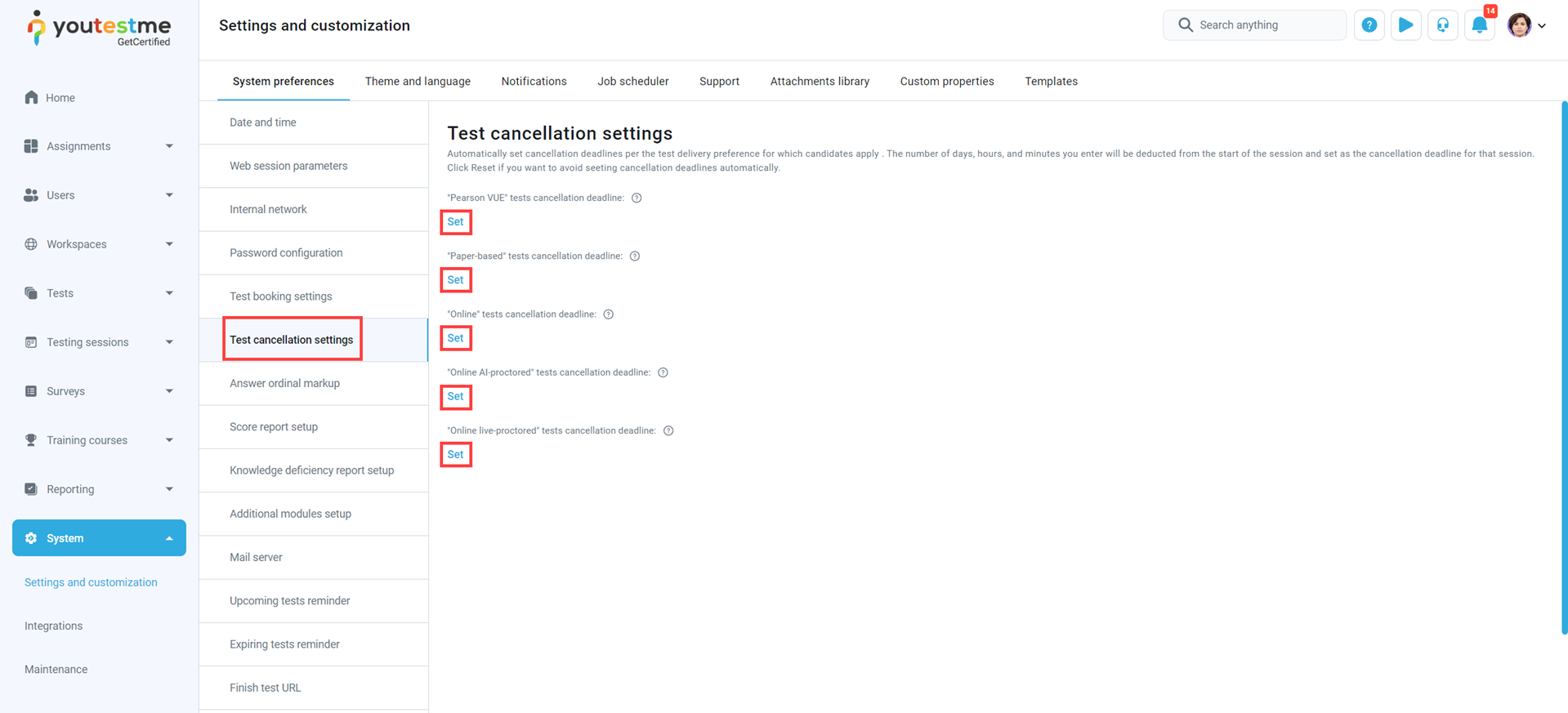 Test Cancellation Settings