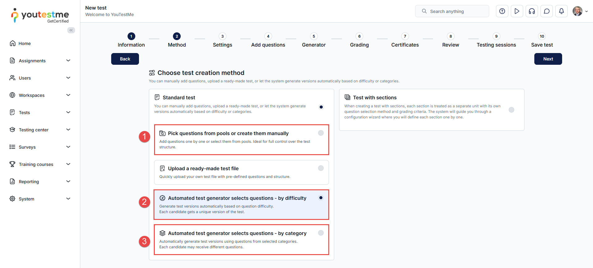 Test creation methods