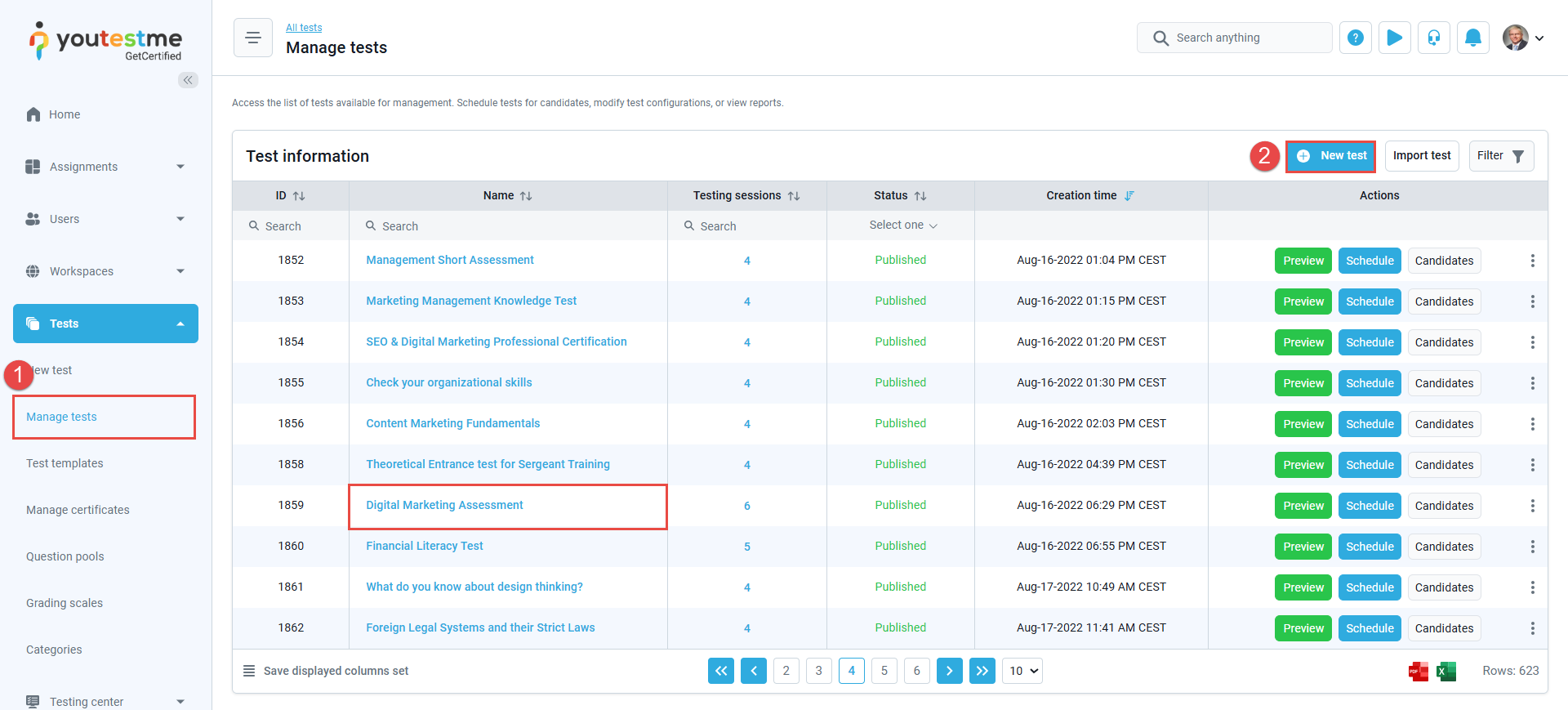 Tests - Manage tests or create a new test