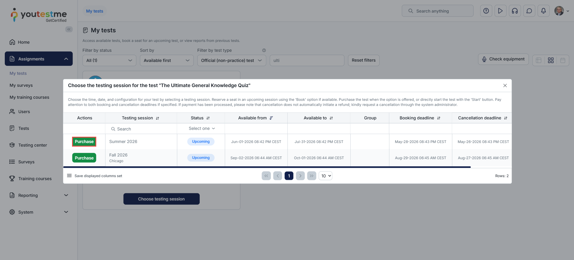 select a testing session