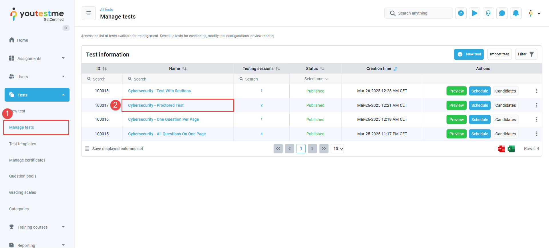 Manage tests - Cybersecurity Proctored Test
