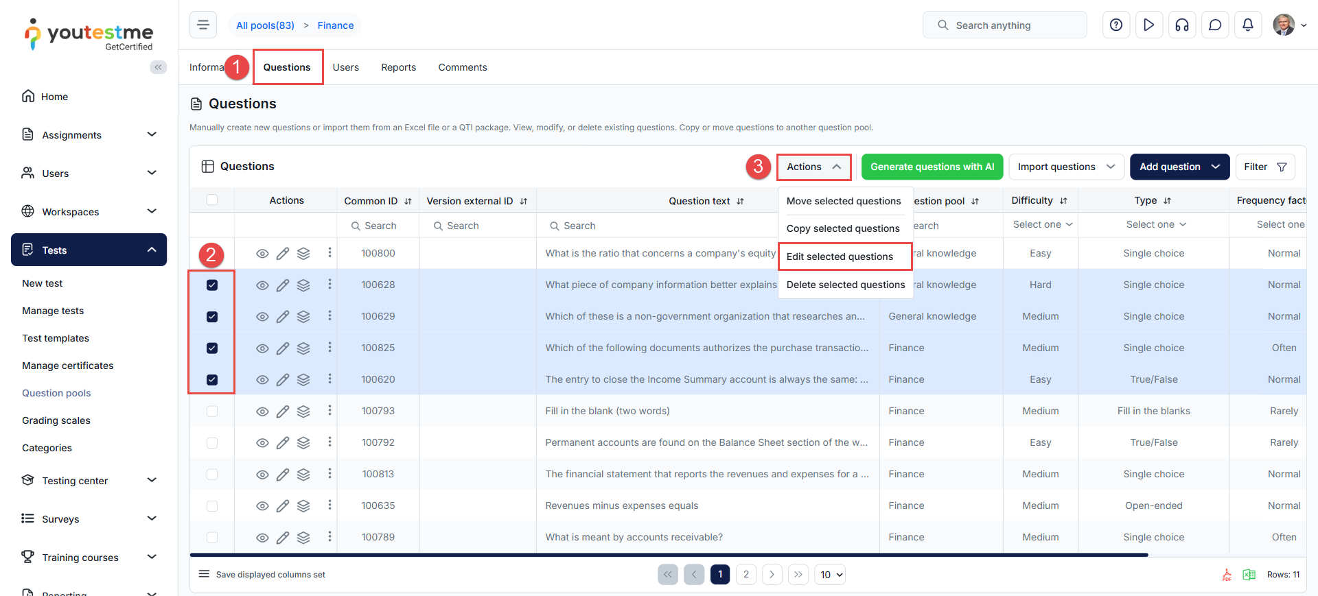 Edit selected questions