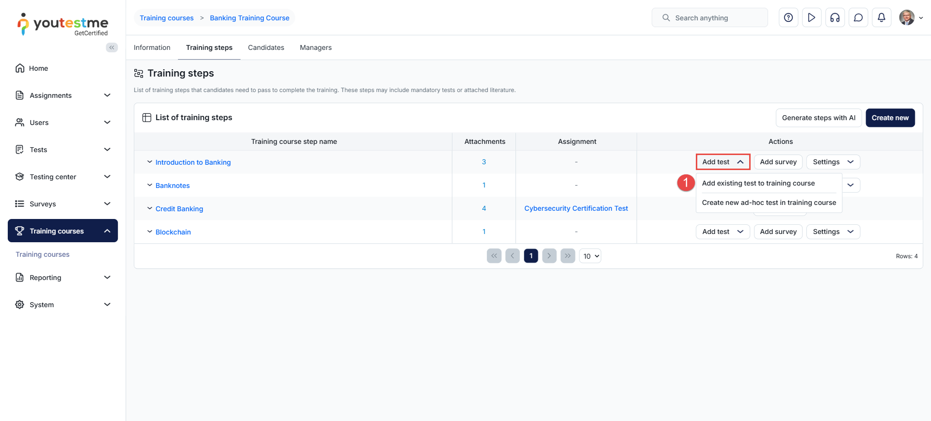 add existing test to a training course