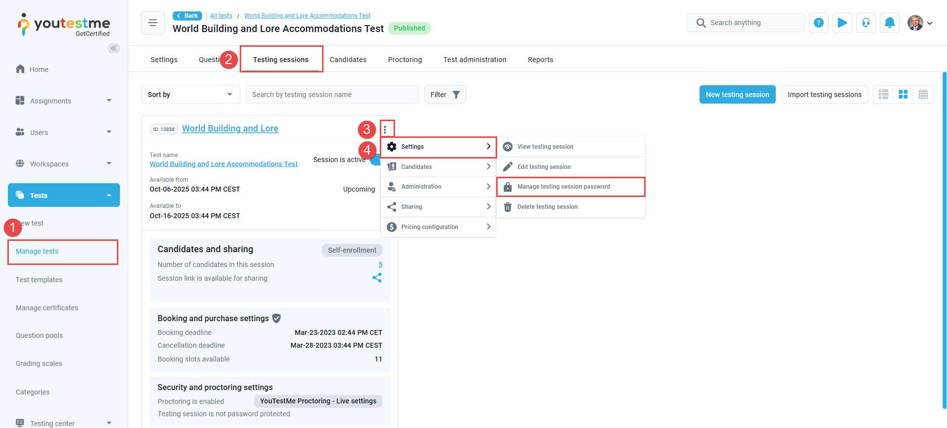 Testing session - manage password