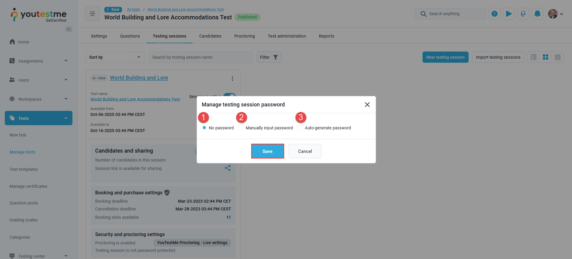 Testing session - password options