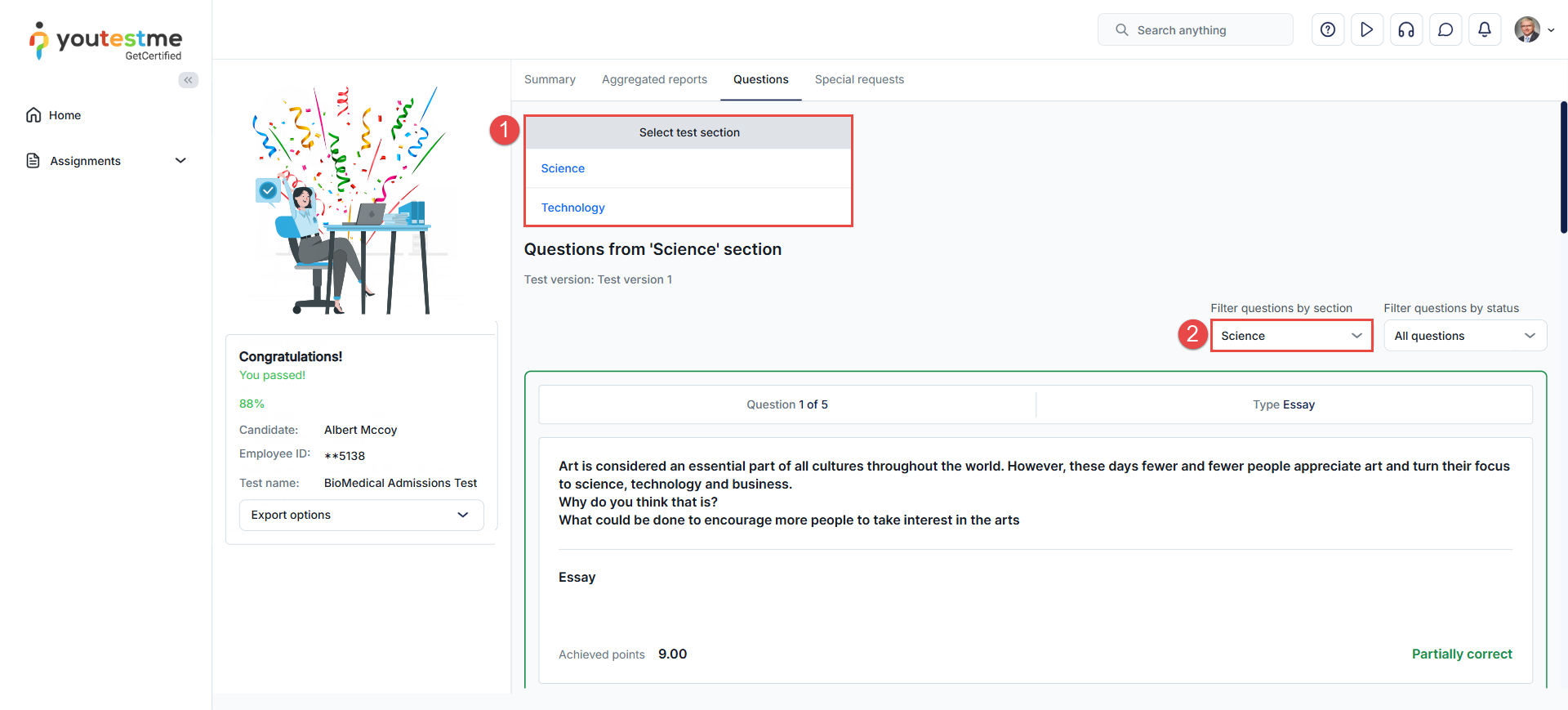 Questions tab - test with sections